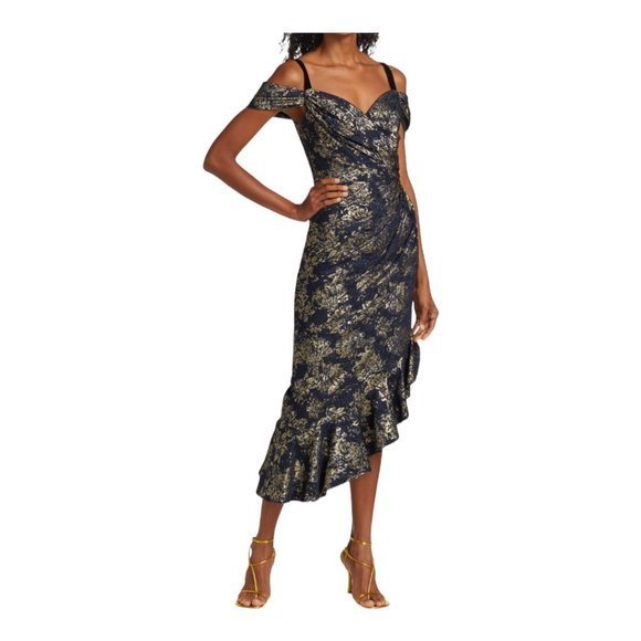Theia Dresses Theia Freya Draped Cocktail Dress Navy And Gold Size